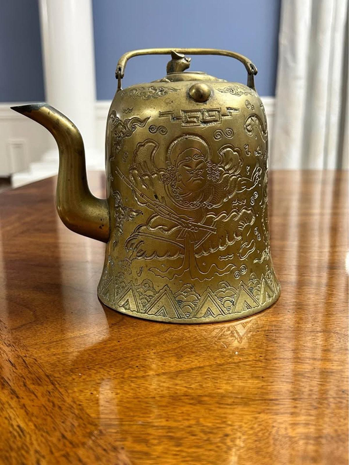 Vintage Engraved Asian Brass Teapot with Taoist Immortal and Xuanwu Tortoise Finial