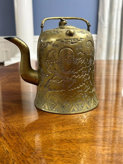 Vintage Engraved Asian Brass Teapot with Taoist Immortal and Xuanwu Tortoise Finial