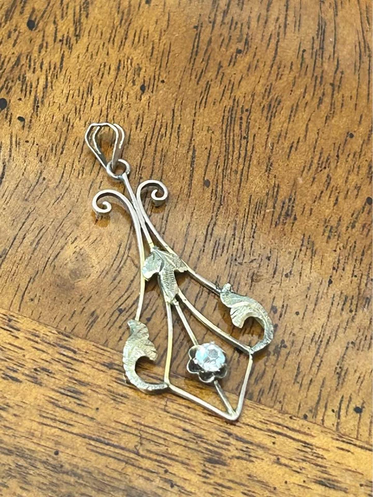 Antique Art Nouveau 10k Gold & Diamond Foliate Lavaliere Pendant