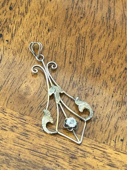 Antique Art Nouveau 10k Gold & Diamond Foliate Lavaliere Pendant