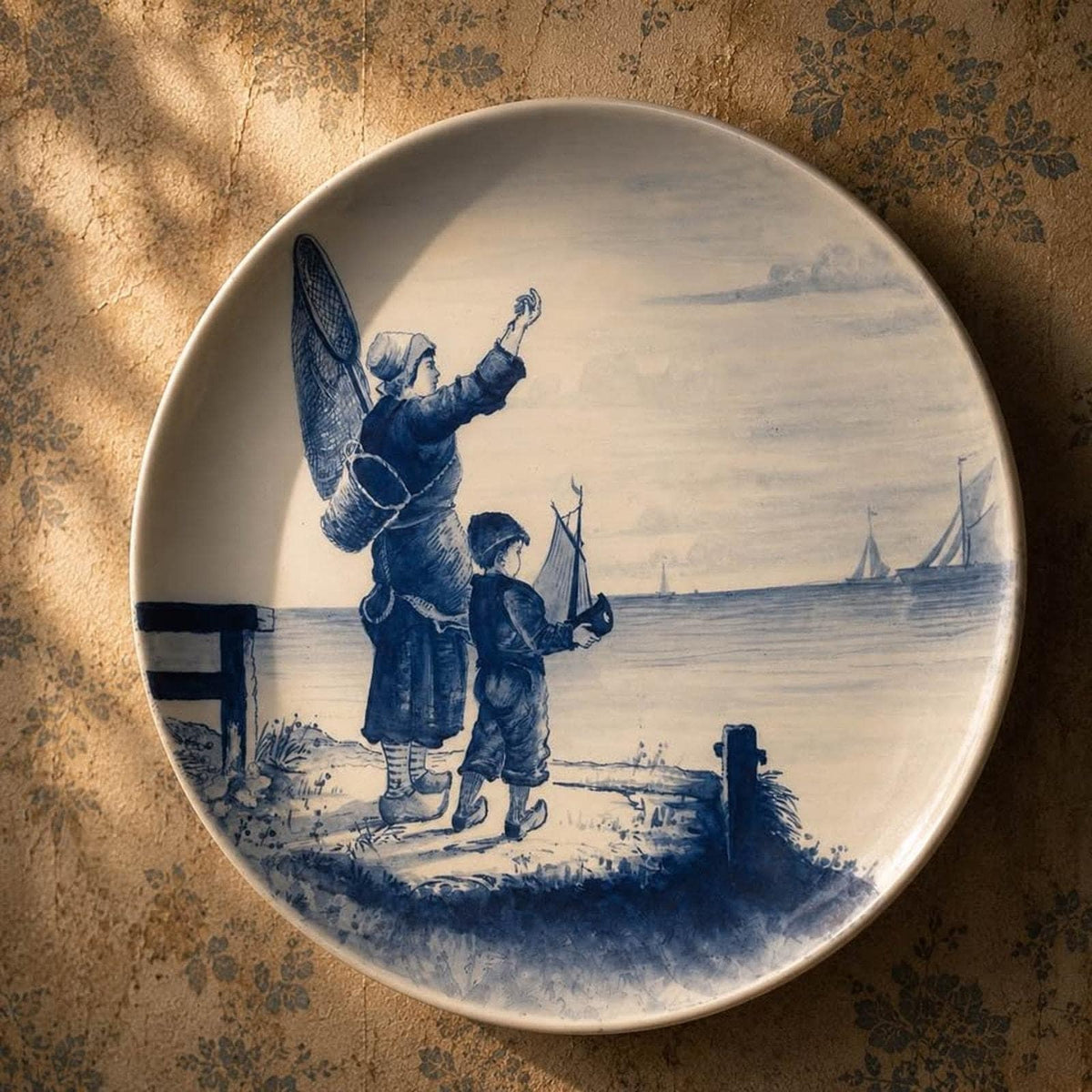 Antique Villeroy & Boch Mettlach Delft Style Blue and White Coastal Charger 12"