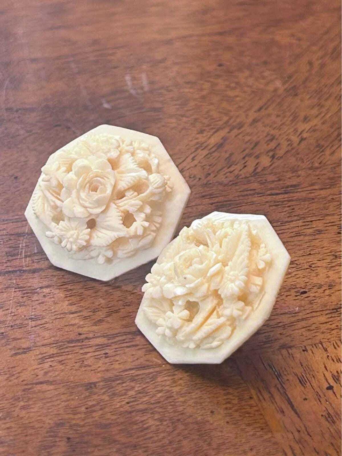 Vintage WELLS 14K Gold Carved Bone Large Floral Hexagon Stud Earrings