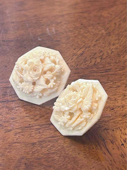 Vintage WELLS 14K Gold Carved Bone Large Floral Hexagon Stud Earrings