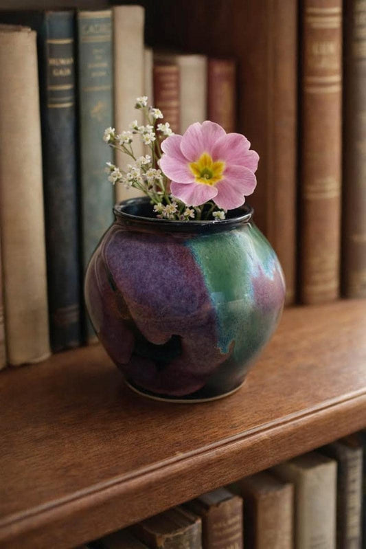Vintage Signed Studio Pottery Bud Vase, Hand-Thrown Stoneware Drip Glaze, MCM Decor
