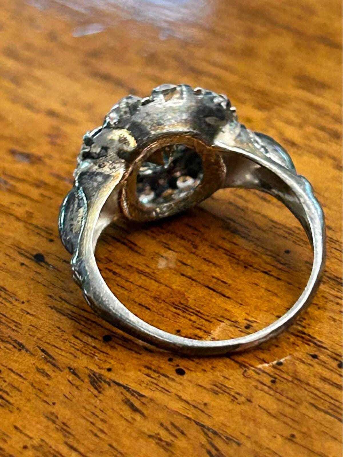 Art Deco Sterling Silver Aquamarine Glass Paste Cluster Ring - size 5