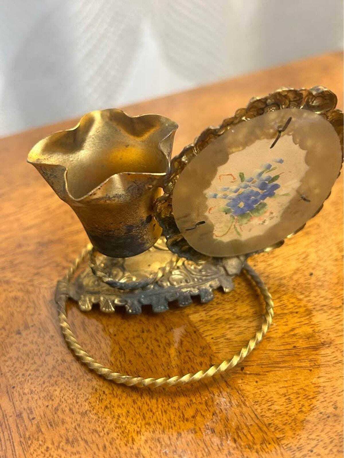 Antique Victorian Ormolu Brass Picture Frame and Spill Vase Desk Tidy with Serpent Motif