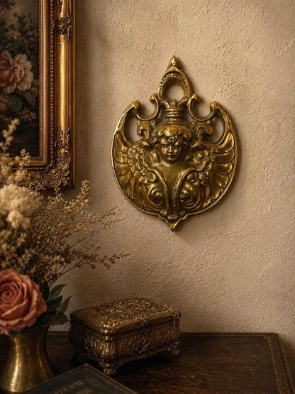 Vintage Cast Brass Cherub Match Holder Wall Pocket, Ornate Baroque Catchall