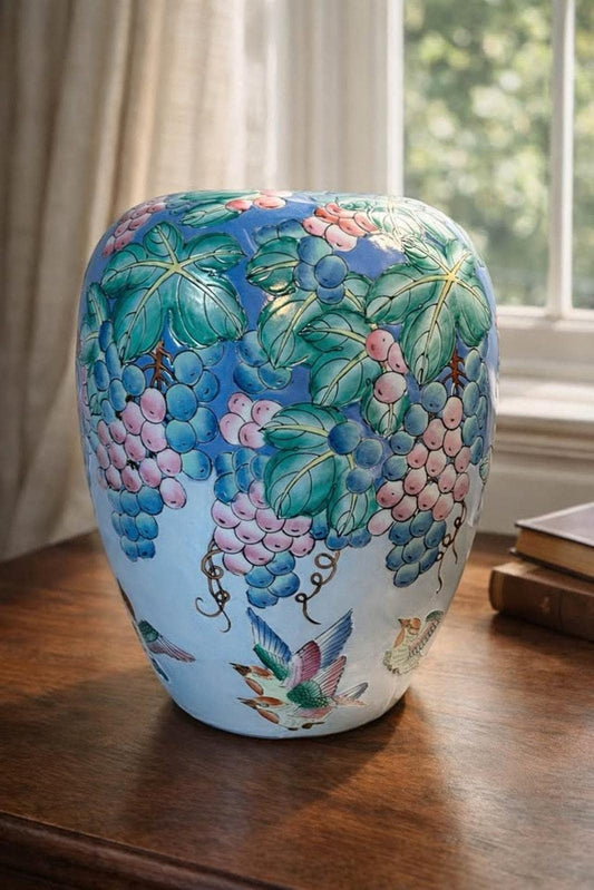 Large Vintage Chinese Raised Enamel Grape and Bird Vase