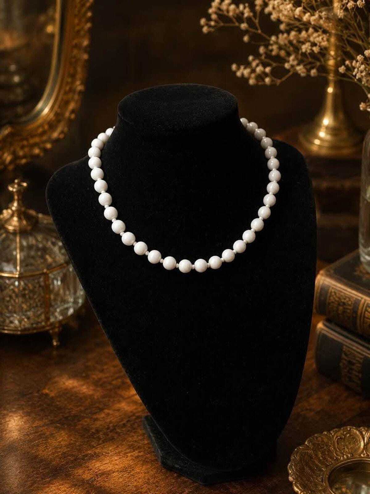 Vintage Miriam Haskell White Beaded Single Strand Choker Necklace