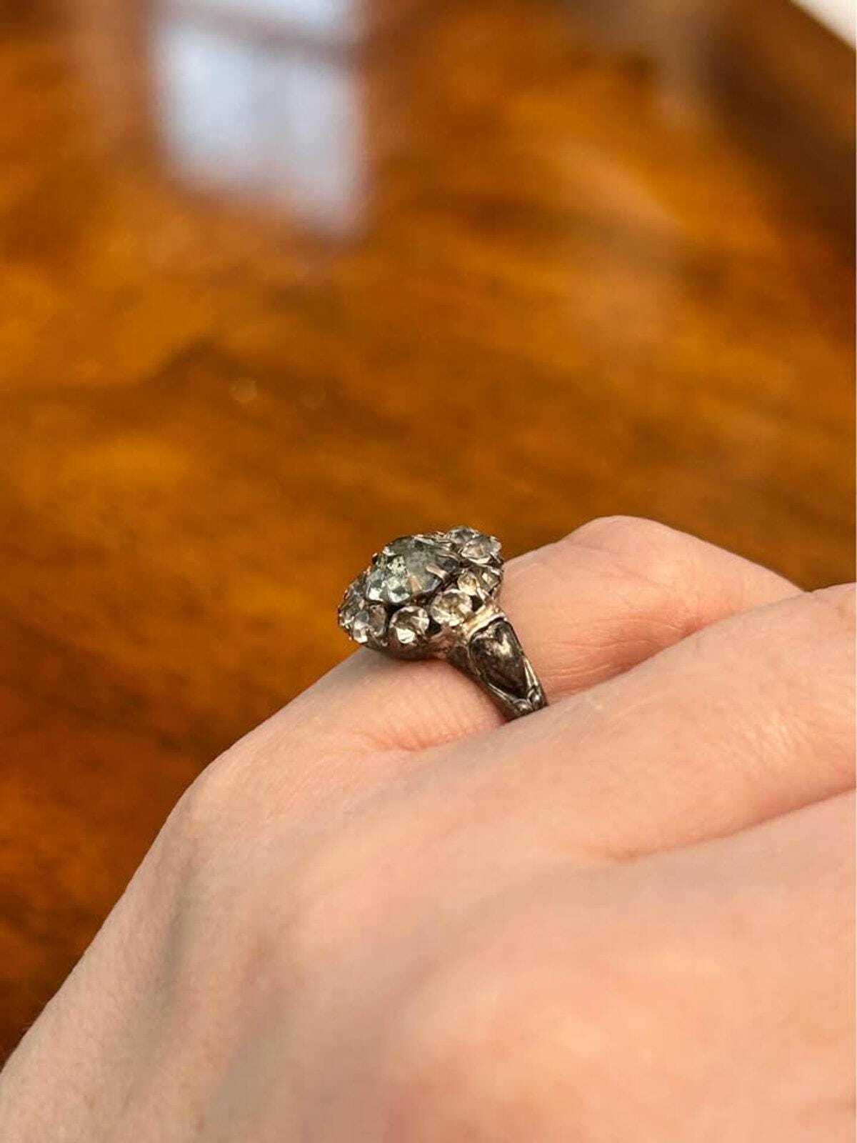 Art Deco Sterling Silver Aquamarine Glass Paste Cluster Ring - size 5