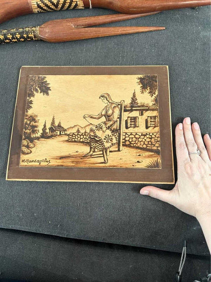 Vintage Lambousa Cyprus Pyrography Art Plaque – Lefkaritika Lace Scene, Signed K. Matsagides