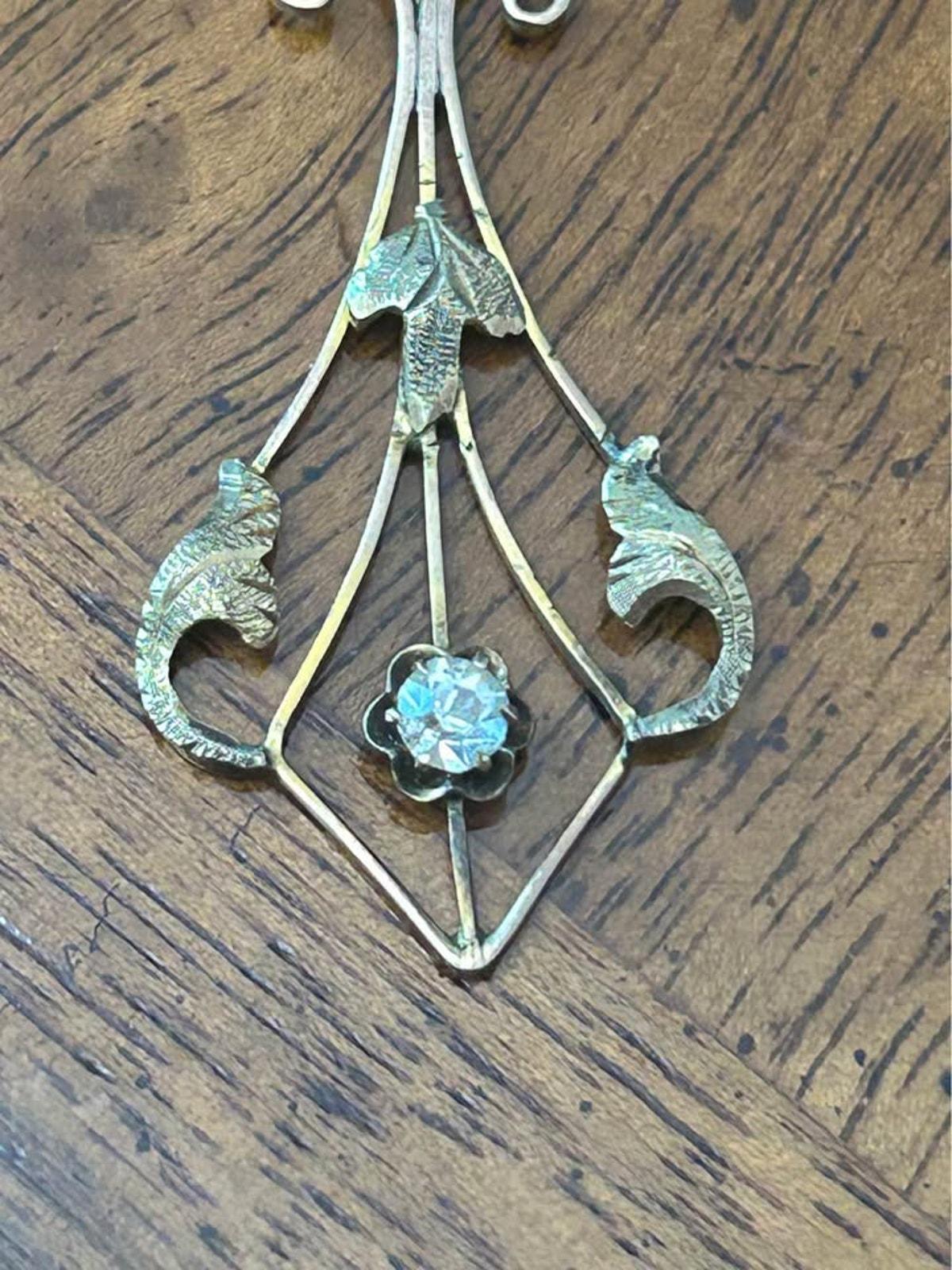 Antique Art Nouveau 10k Gold & Diamond Foliate Lavaliere Pendant