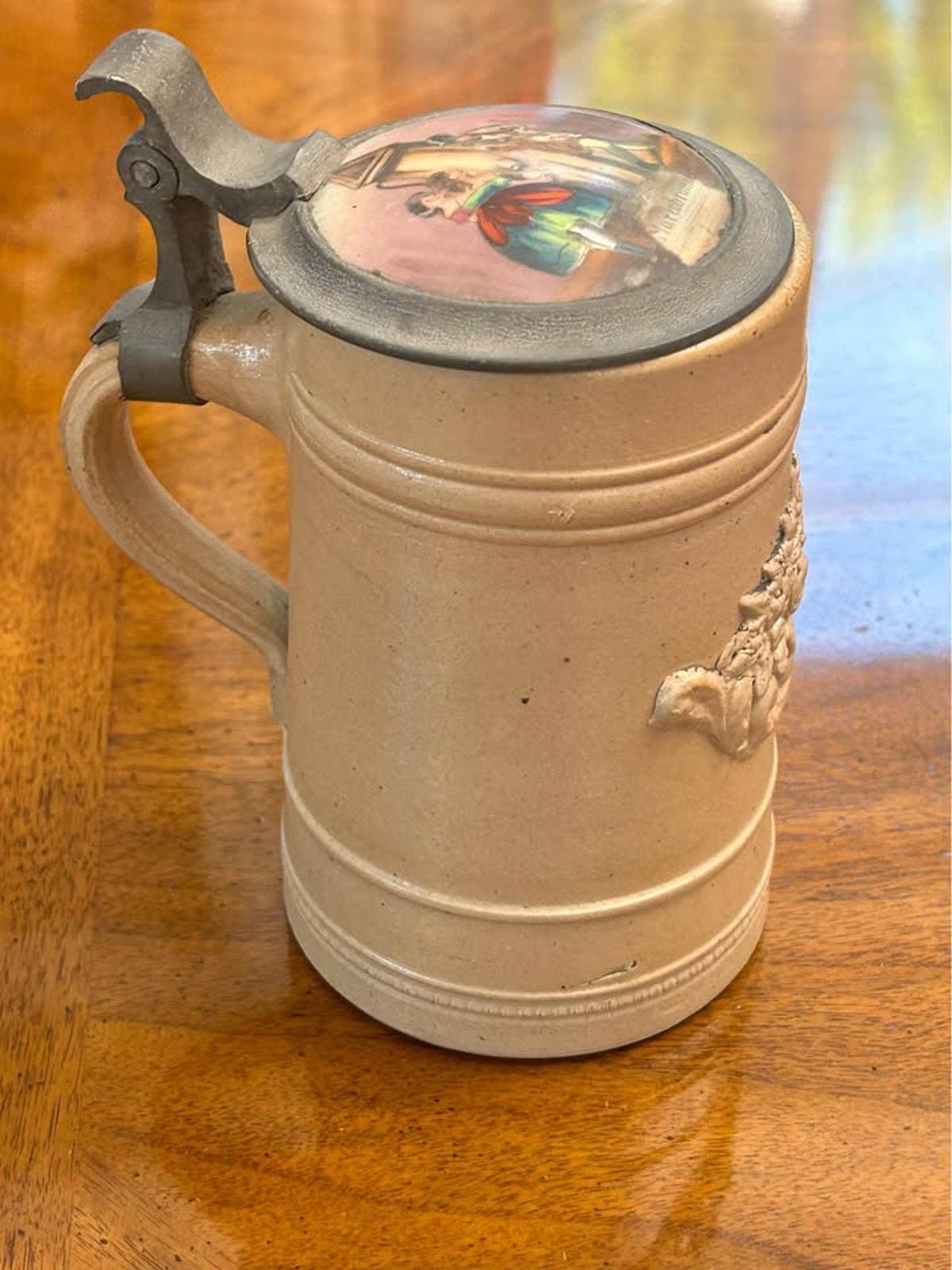Antique German Stoneware Stein with Pewter Lid, Painted Marcobrunner Rheingau Vineyard Scene Insert