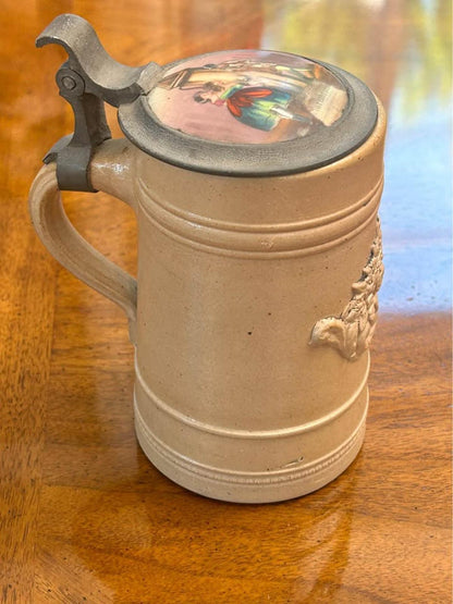 Antique German Stoneware Stein with Pewter Lid, Painted Marcobrunner Rheingau Vineyard Scene Insert