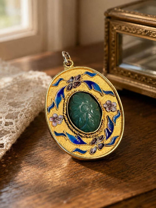 Vintage Chinese Export Carved Genuine Jade & Floral Enamel Brooch Pendant