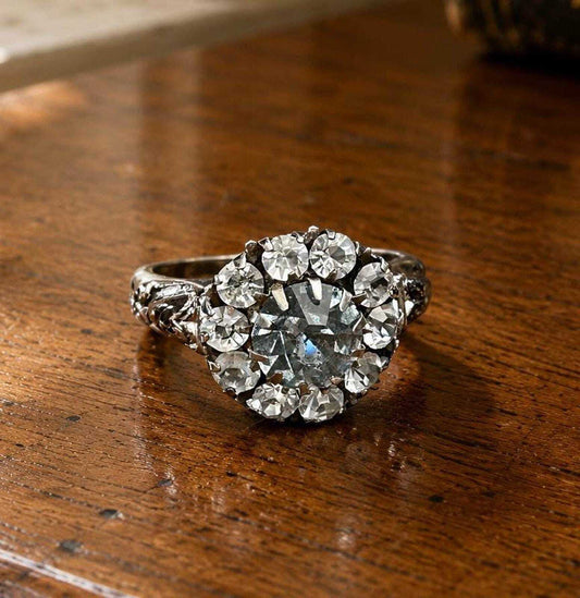 Art Deco Sterling Silver Aquamarine Glass Paste Cluster Ring - size 5