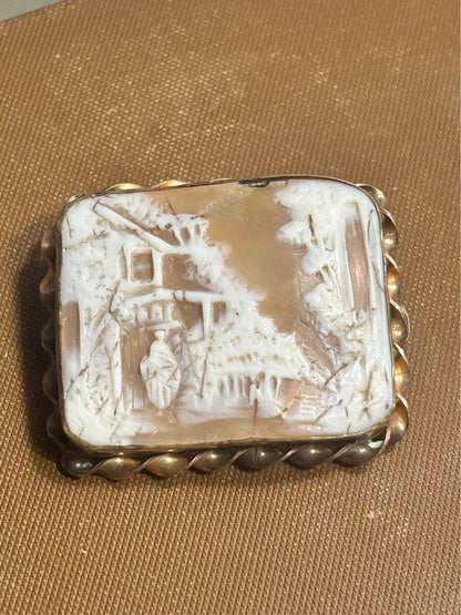 Victorian Grand Tour Hand Carved Shell Cameo Brooch, Large Sardonyx Landscape Village Scene