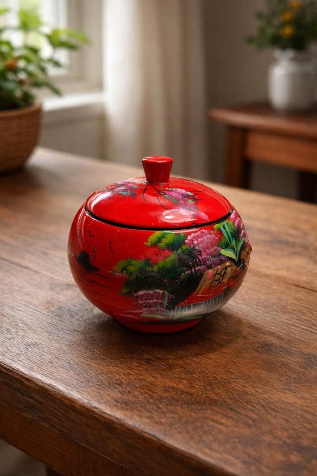 Vintage Vietnamese Red Lacquer Ginger Jar – Hand-Painted Relief Landscape, Mid-Century Asian Art