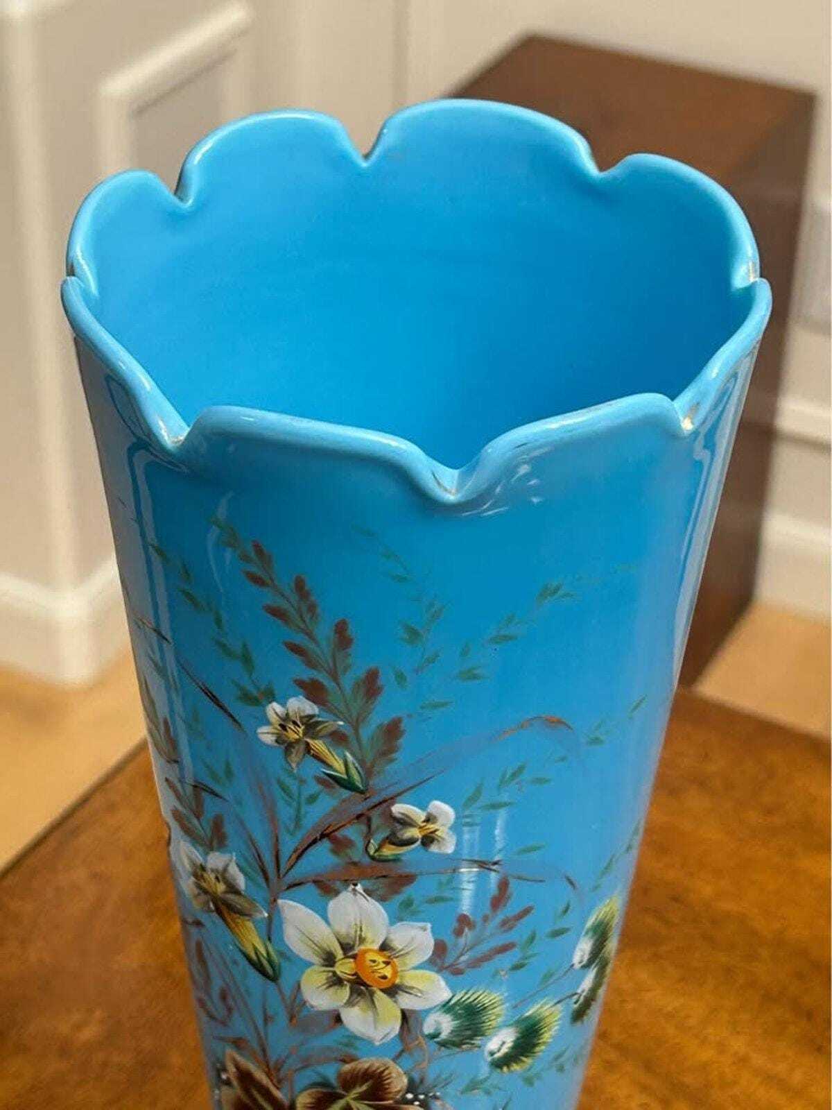 Antique Victorian Bristol Blue Glass Hand-Painted Enamel Floral Vase