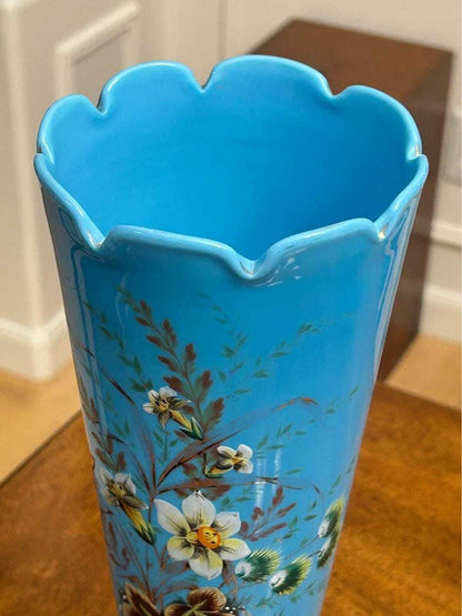 Antique Victorian Bristol Blue Glass Hand-Painted Enamel Floral Vase