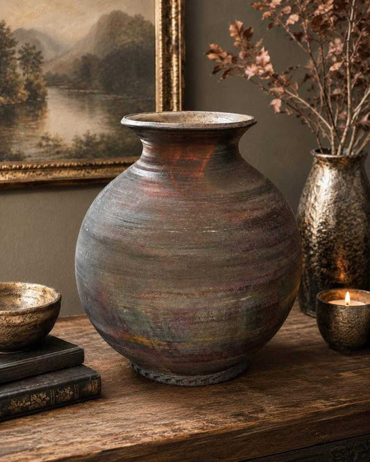 Vintage Large Signed Pam Carson Raku Pottery Metallic Glaze Vessel