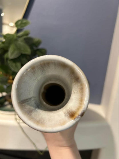Extra Tall Mid-Century Drip Glaze Vessel – Obsidian Cream Studio Art Pottery 1970s Home Decor
