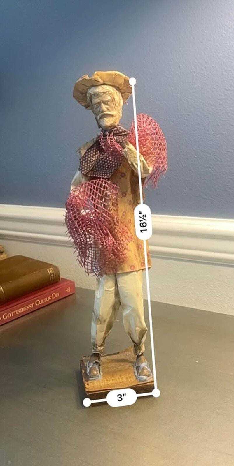 Vintage Mexican Folk Art Set - 16.5" Fisherman & 11.5" Woman - Large Mid-Century Cartonería Paper Ma
