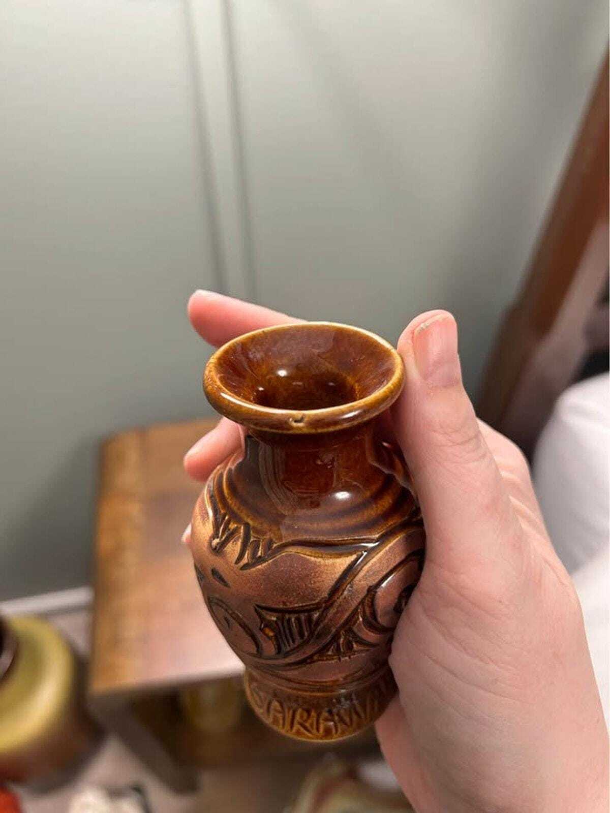Sarawak Malaysia Tribal Pottery Hand-Carved Miniature Bud Vase