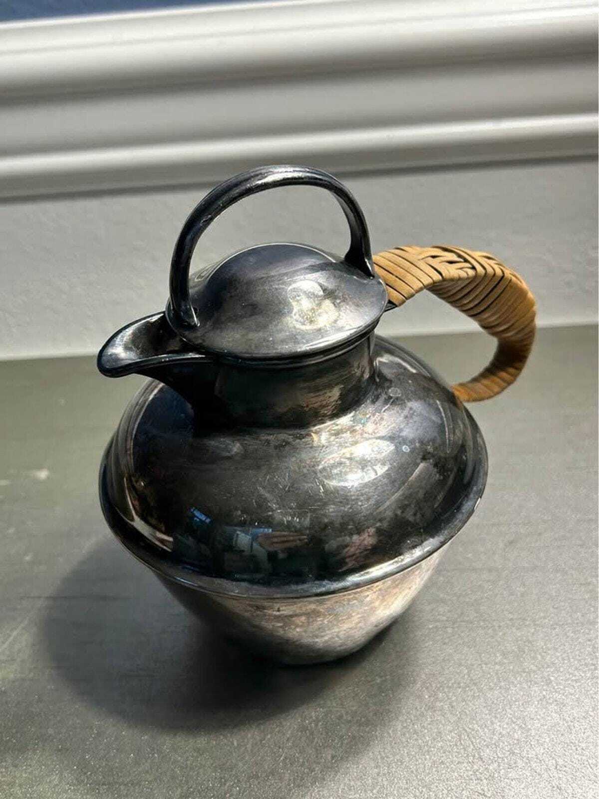 Lawrence B. Smith Co. Silver Plate Teapot | Pattern 1119 Pitcher with Woven Rattan Handle