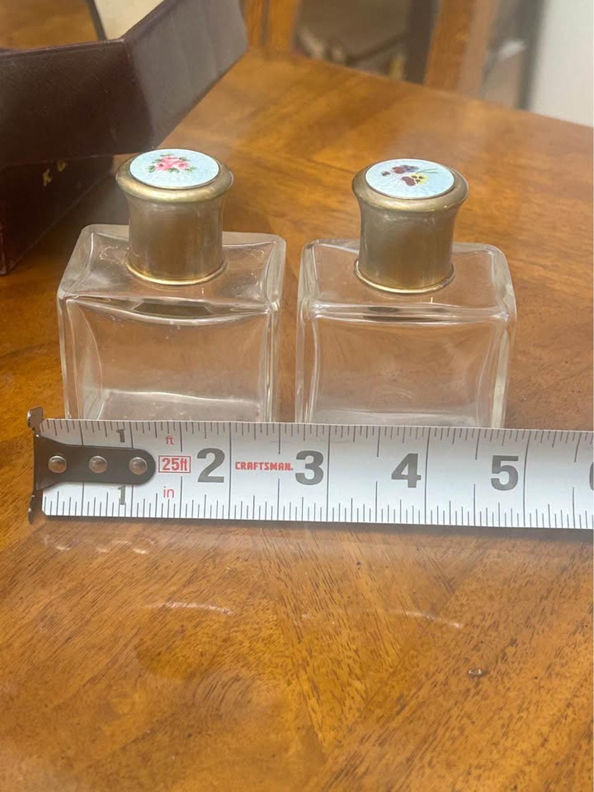 Antique Guilloche Enamel Double Scent Bottles with Leather Travel Case