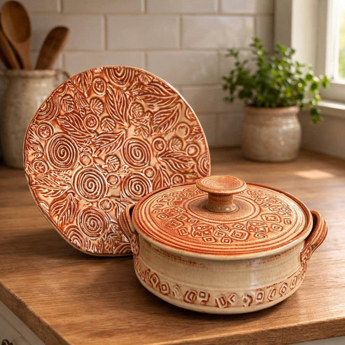 Barbara G. Childs Hand-Carved Studio Pottery Casserole Dish & Platter Set