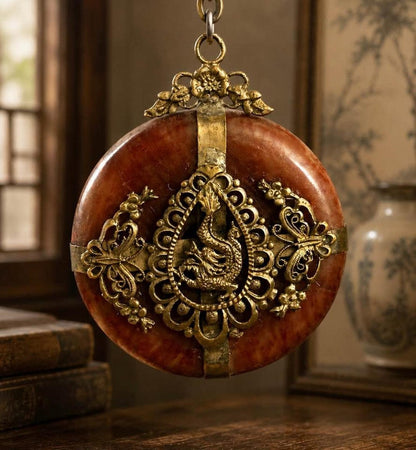Vintage Chinese Export Carnelian Disc Dragon Pendant Necklace
