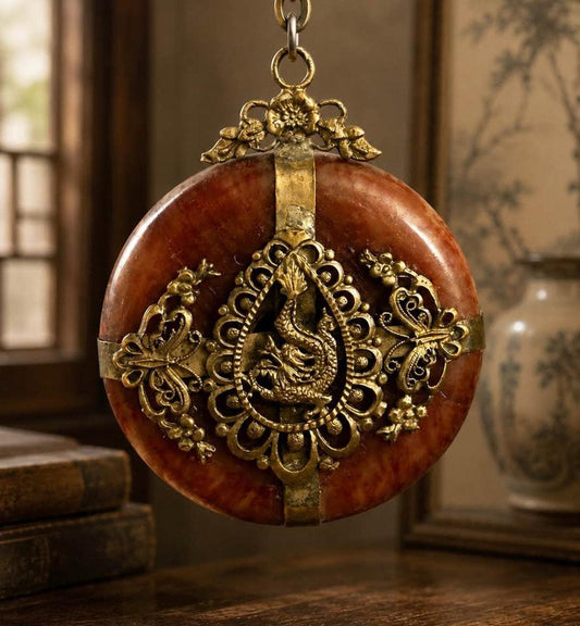 Vintage Chinese Export Carnelian Disc Dragon Pendant Necklace