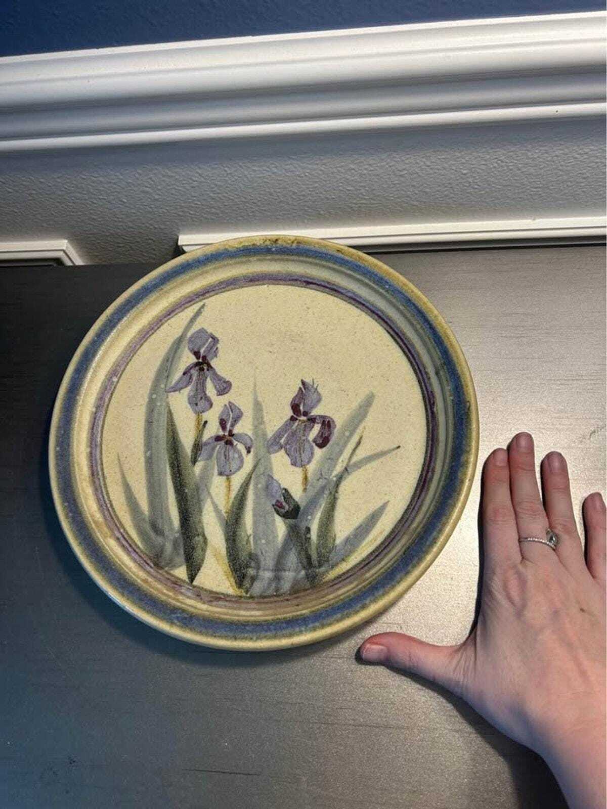Vintage Studio Pottery Platter | Hand-Painted Purple Iris Botanical Stoneware Dish