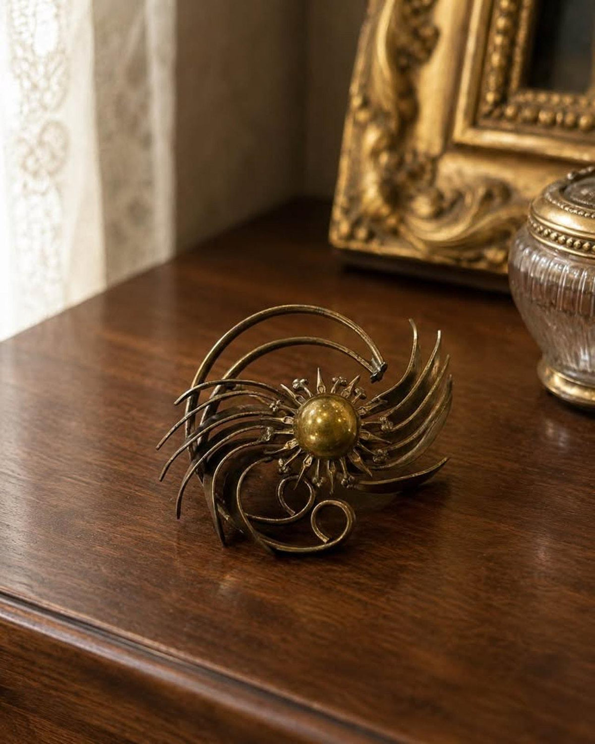 Vintage Mid-Century Modern Studio Brutalist Solid Brass Sunburst Brooch