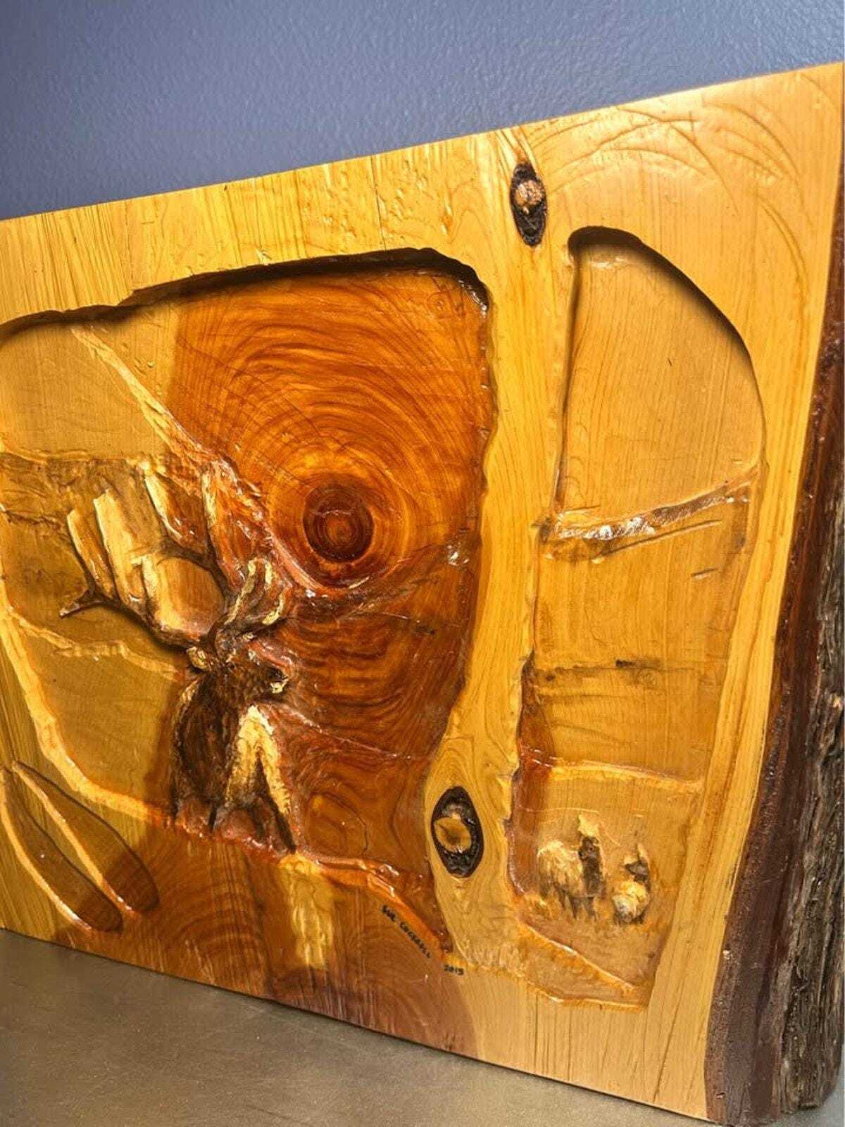 Sue Cockrell Signed Relief Carved Elk Wood Wall Art