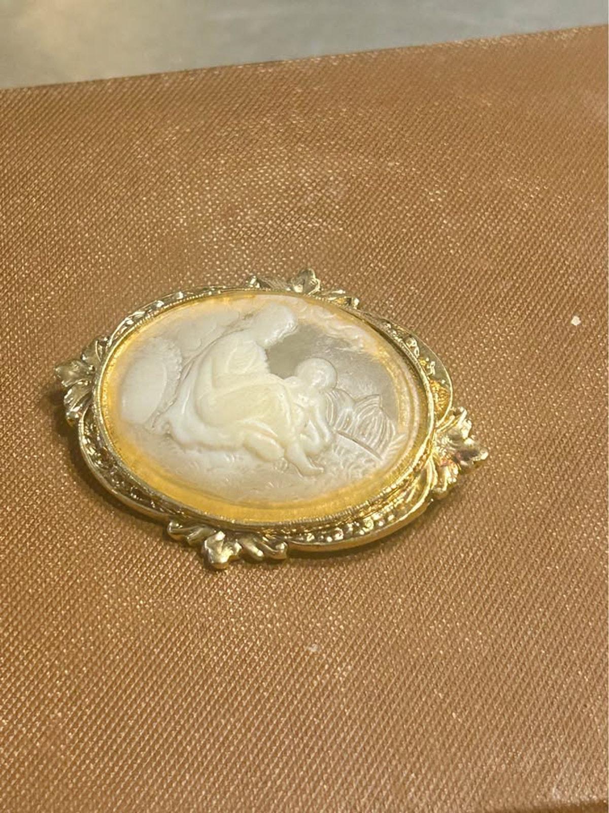 Vintage Victorian Revival Mother and Child Cameo Brooch Frosted Molded Inset Gold-Tone Frame