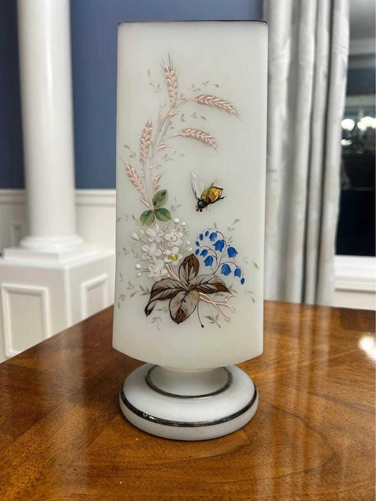 Antique Bohemian Frosted Art Glass Vase Enamel Floral and Bee Motif