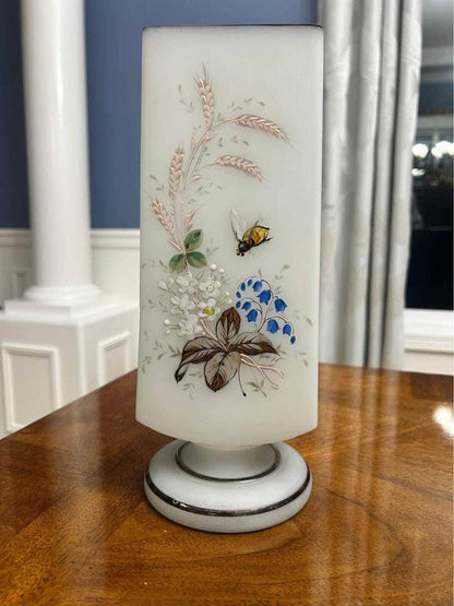 Antique Bohemian Frosted Art Glass Vase Enamel Floral and Bee Motif