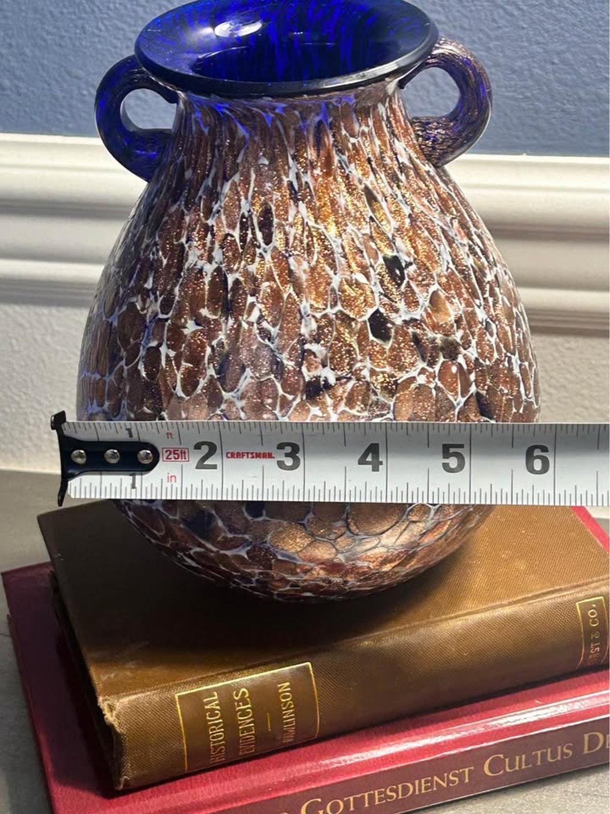 Vintage Cobalt Blue and Gold Aventurine Cased Art Glass Two Handled Amphora Urn Vase