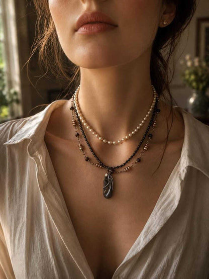 Vintage Curated 925 Sterling Silver Cultured Pearl and Hematite Layering Necklace Set