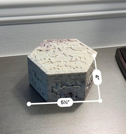 Hand-Carved Soapstone Hexagonal Box with Elephant Relief