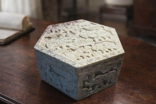 Hand-Carved Soapstone Hexagonal Box with Elephant Relief