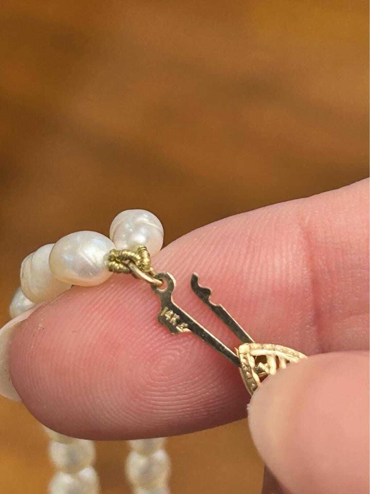 Vintage Double Strand Freshwater Rice Pearl Necklace 14K Gold Clasp