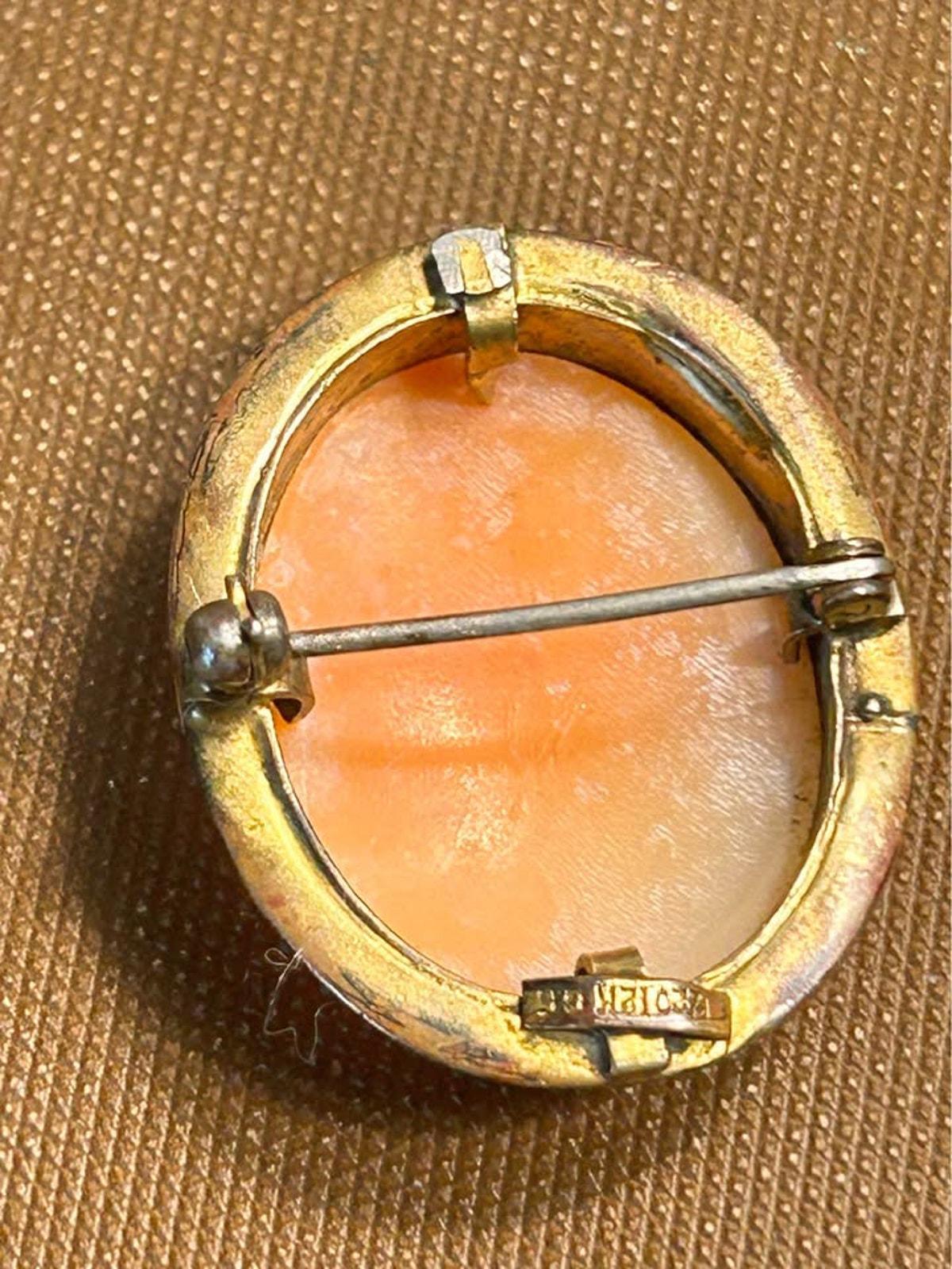 12K Gold Filled Hand-Carved Shell Cameo Brooch, Mid-Century Flora Profile