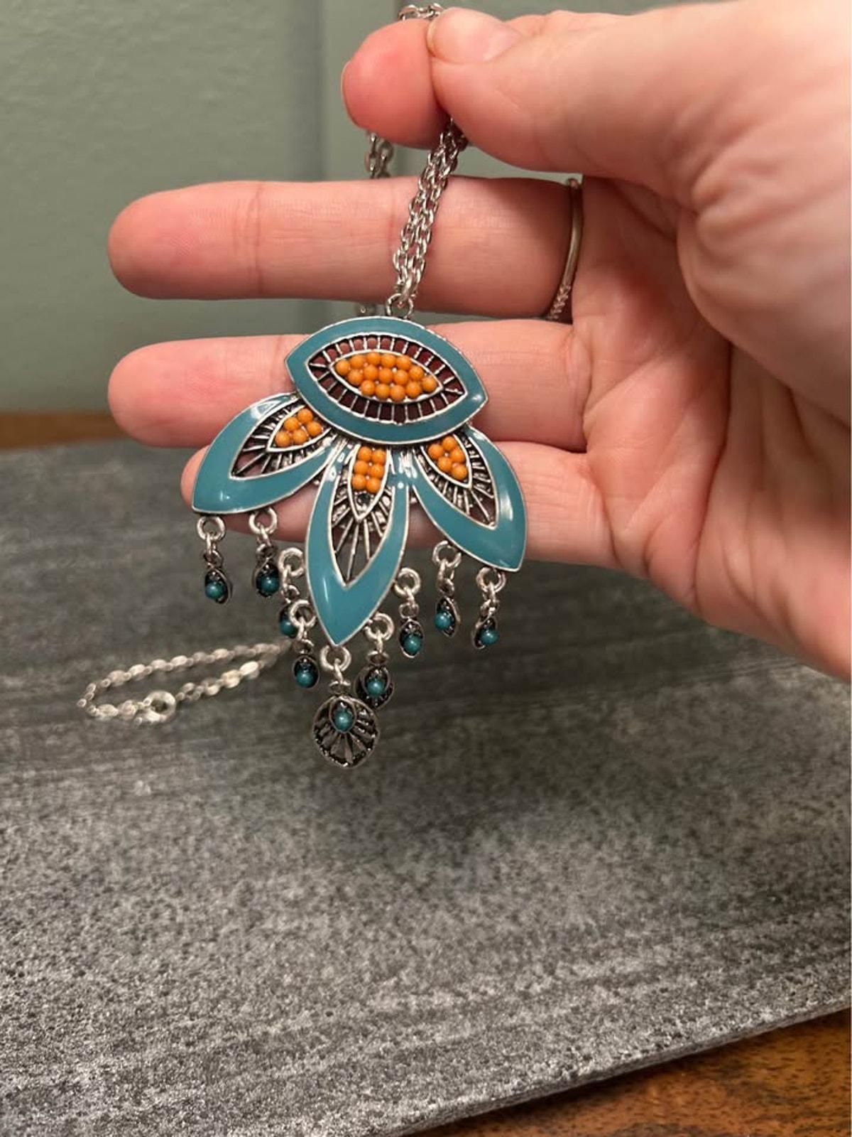 Boho Teal Enamel and Coral Seed Bead Chandelier Pendant Necklace