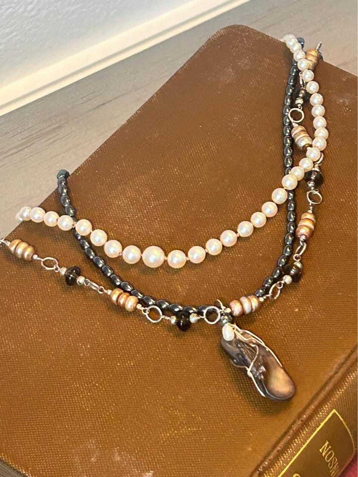 Vintage Curated 925 Sterling Silver Cultured Pearl and Hematite Layering Necklace Set