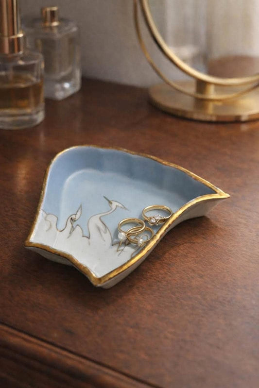 Antique Nippon Porcelain Fan Dish | Hand Painted Crane Moriage Motif