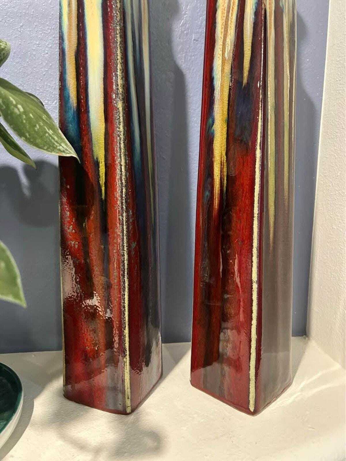 Pair of 19" Tall Vintage Studio Pottery Obelisk Vases