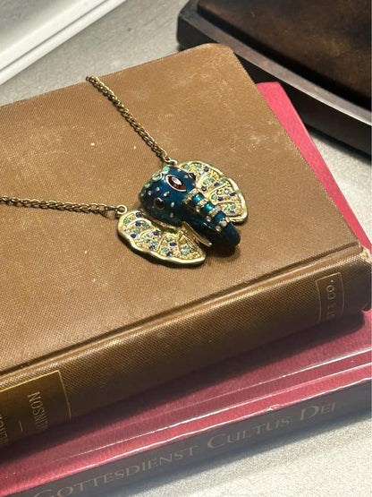 Vintage Betsey Johnson Blue Enamel Elephant Pendant Necklace